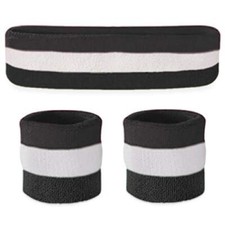 Striped Sweatband Set, Moisture Wicking 2 Wristbands and 1 Black White Black