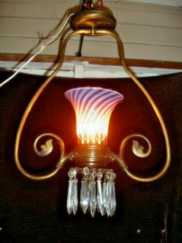 FENTON SWIRL OPALESCENT CRANBERRY GLASS HANGING BRASS LAMP-CHANDELIER - Picture 12 of 12