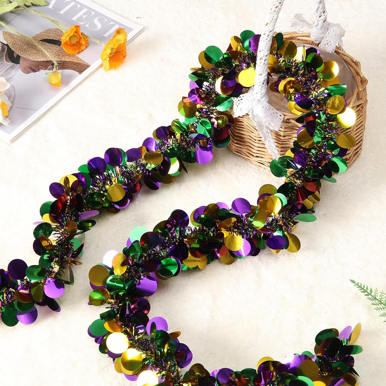 50 Feet Mardi Gras Tinsel Garland Gold Green Purple Garland Mardi Gras Christmas