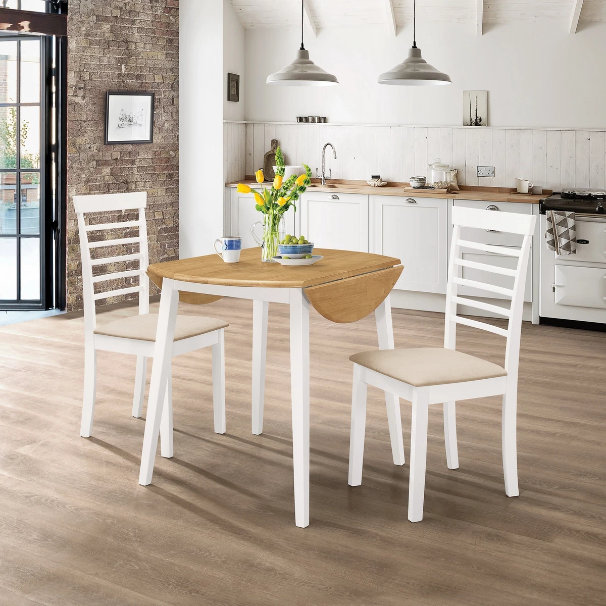 Small Wooden Round Drop Leaf Dining Table and 2 Chairs Set in White Oak Finish