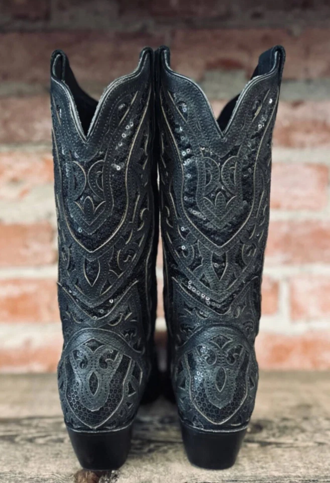 Botas de cuero occidentales para mujer JB Dillon Reserve lentejuelas negras talla 10 04017 nuevas con etiquetas Foto 2 de 4