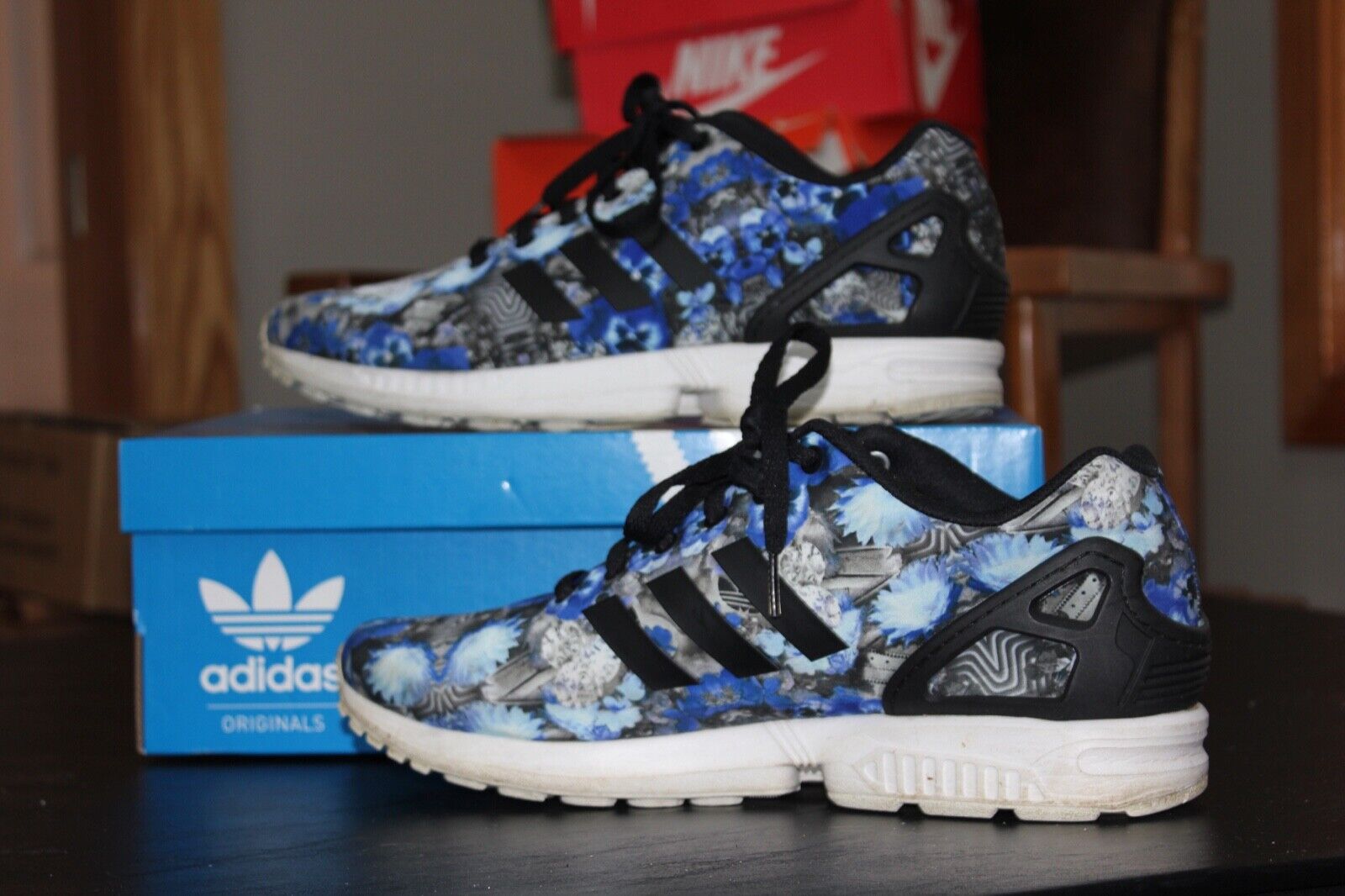 Mens Adidas ZX Flux Floral Blue Print Running Shoes Size 12