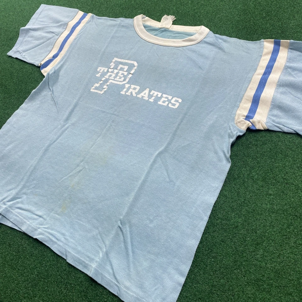 Vintage 50S 60S Jersey Shirt Mens M Blue Durene The Pirates Velva Sheen USA MADE - Image 2 of 4