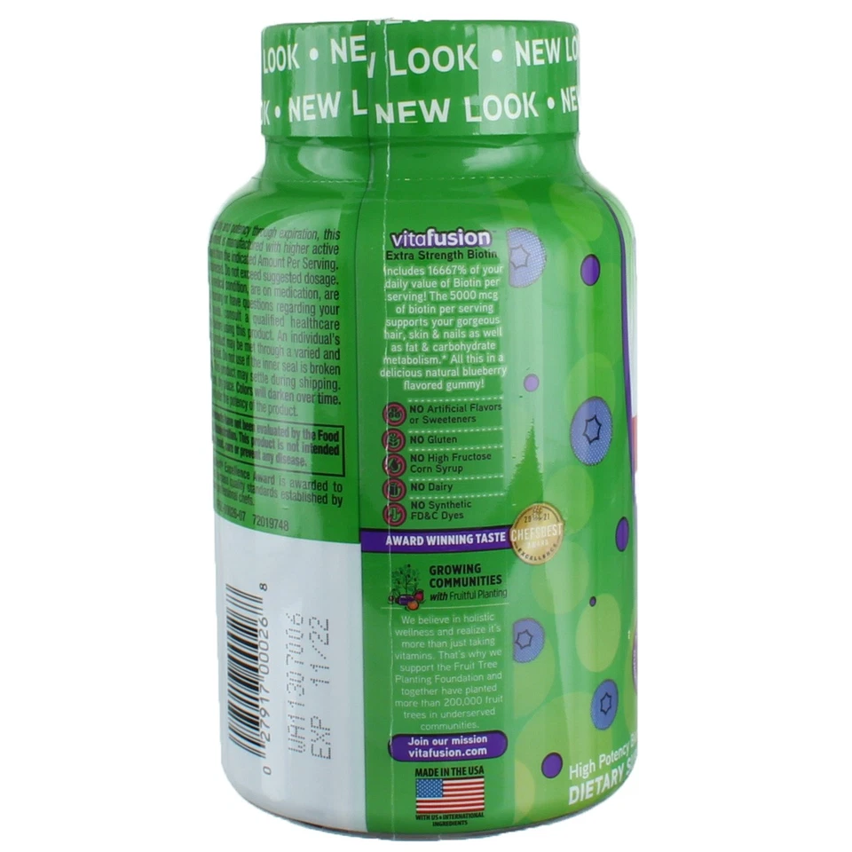 Gomitas Vitafusion Biotina Extra Fuerte, Arándano Natural, 5000 mcg, 100 Ct Foto 3 de 3