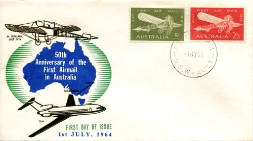 1964 50th Anniversary of the First Airmail in Australia - ACCA FDC Green/Blue