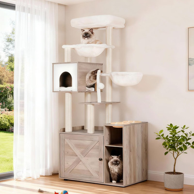 Cat Tree with Litter Box Enclosure, Modern Cat Tower for Indoor Cats with Large