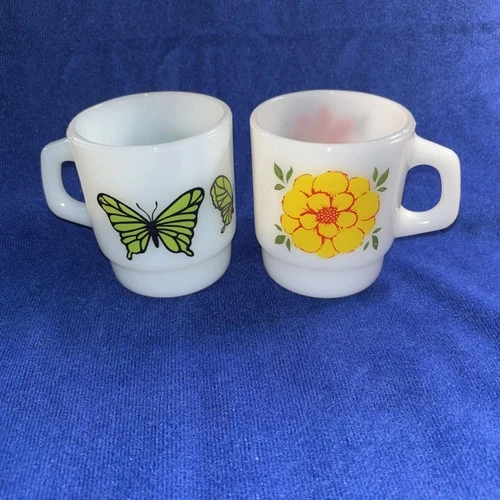 2 Vintage Anchor Hocking Fire King Milk Glass Coffee Mug Butterfly Red Flower A+