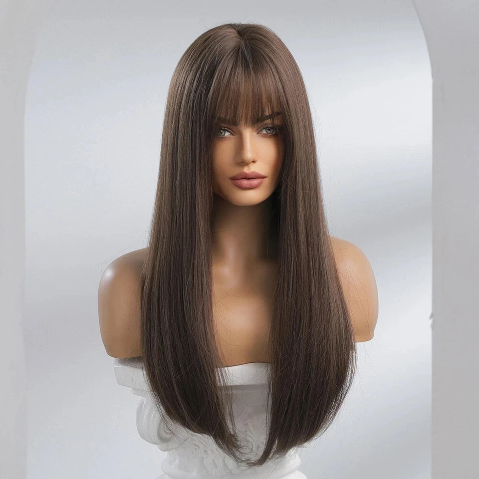 Cosplay Wigs With Bangs Long Straight Heat Resistant Hair Dark brown - Image 3 of 4