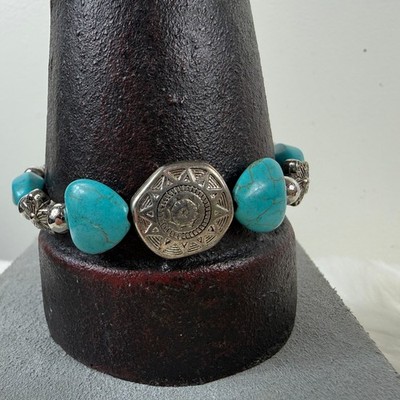 Genuine Turquoise Stone Bracelet Bijoux By Merra Silver Tone 7-9.5''