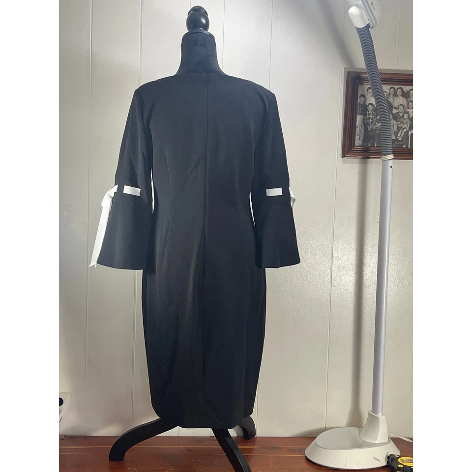 Calvin Klein Black Bell Sleeve Dress White Ribbon Women's Size 12 emo goth - Image 3 of 4