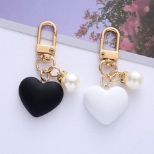 Black White Pompom Bag Charm Keychain Key Ring Car Charm Gold Tone Heart Clip 