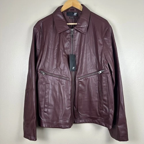 JF J. Ferrar Men's Large Jacket Burgundy Faux Leather Full Zip NEW - product listing photo