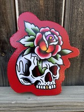 American Traditional Skull And Rose Tattoo Flash Handmade Wood Cutout Sign