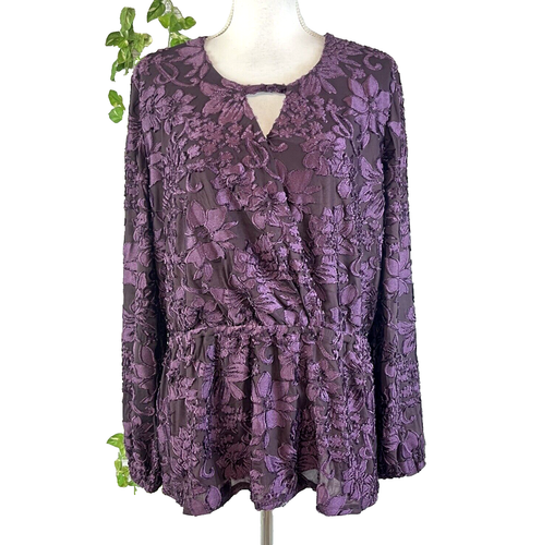 DG2 Bluse Gr. Large lila Blumen Samt Cutouts Hochzeit Abend Cocktail schmal
