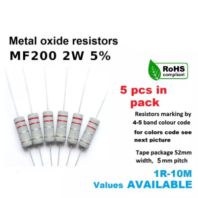  2W Metal Film Resistors 5% 5PCS 1Ω-1MΩ Full Assortment for Hobbyists 
