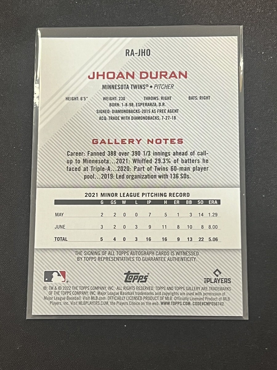 Jhoan Duran Autographed Rookie 2022 Topps Gallery #RA-JHO
