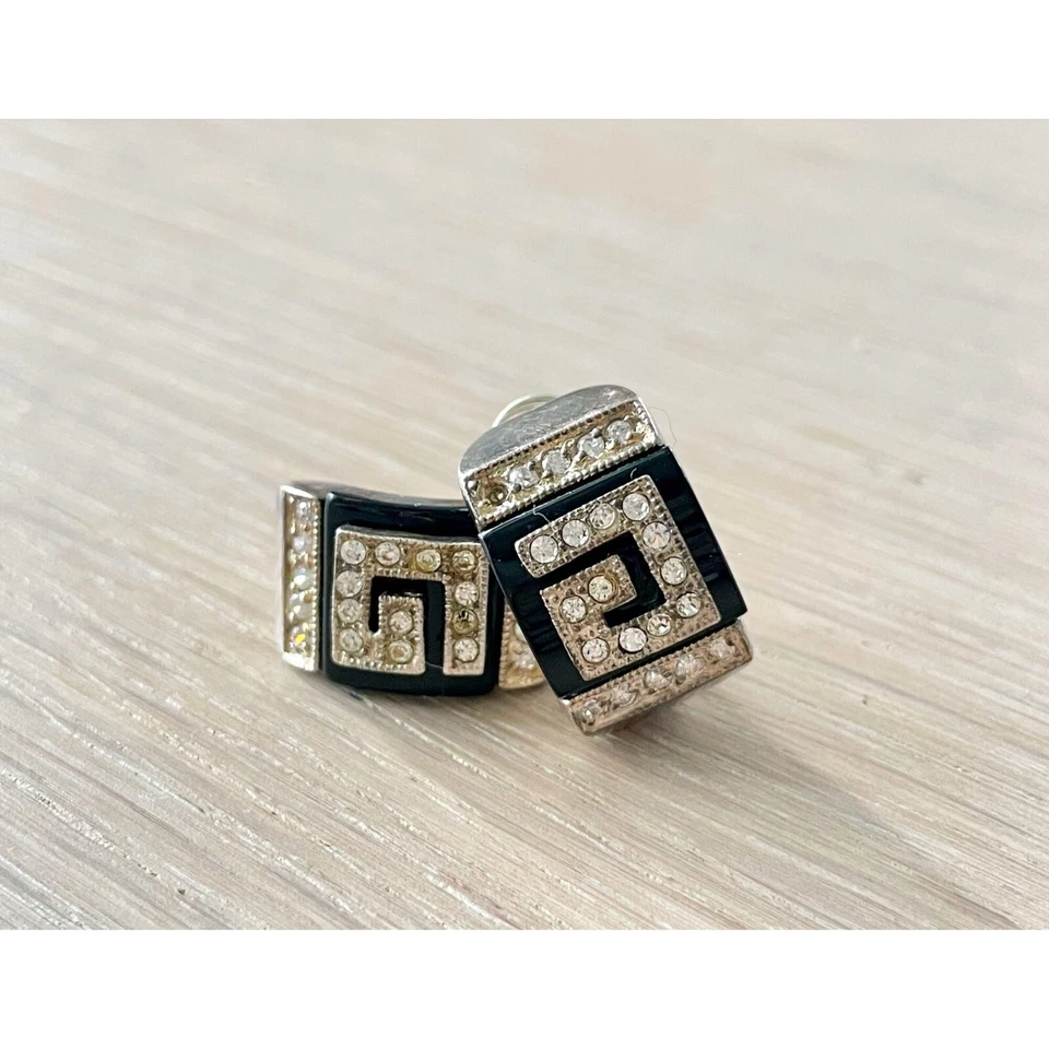 Orecchini vintage Art Deco in argento 925 con strass, borchie smaltate nere - Immagine 2 di 4