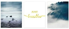 Art Prints Just Breathe Quote Calm Blue Watercolor Landscape Gold Foil Set of 3
