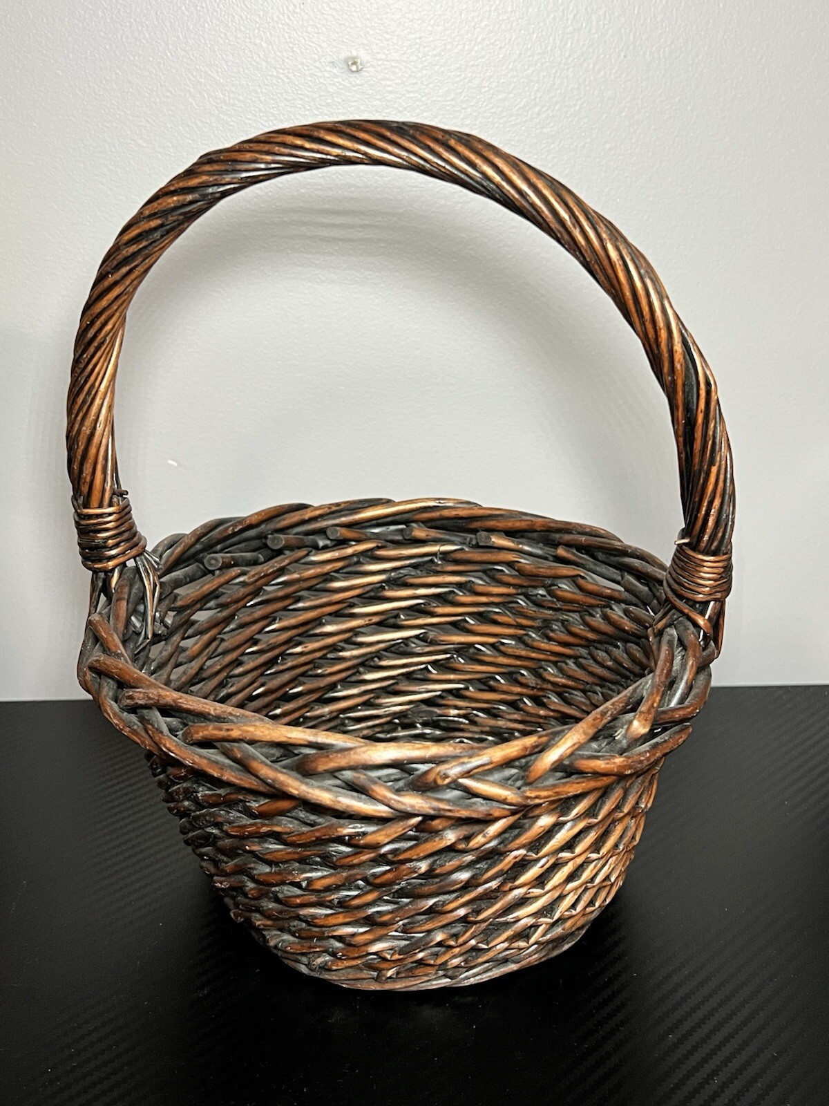 Vintage Small Woven Wicker Basket Fixed Handle Gathering Home Decor