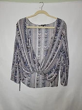 Wishlist Gray Floral Chevron LS Surplice Twist Rayon Blouse Women's Size Large