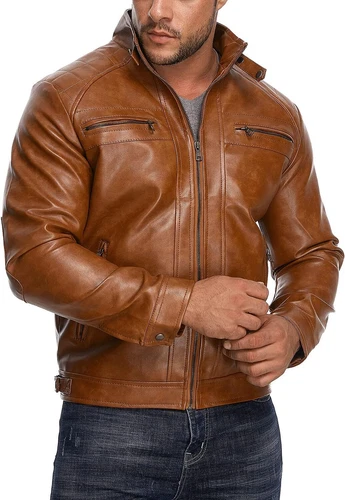 HOOD CREW Men’s Stand Collar Leather Jacket Casual Faux Leather Motorcycle Jacke