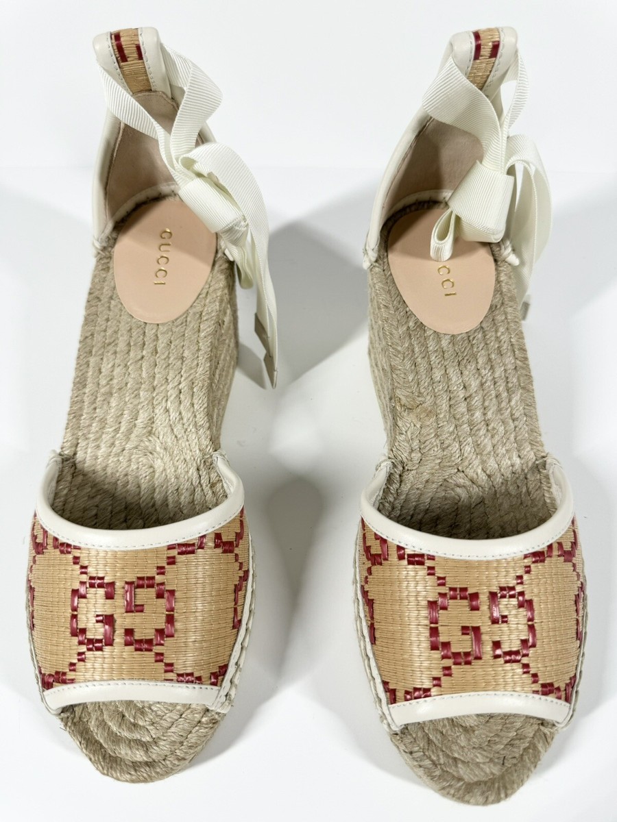 Gucci★素敵!GG raffia-effect espadrille wedge sandals GUCCI GG RAFFIA ESPADRILLES WEDGE SANDALS WOMENS 38.5 US 8.5