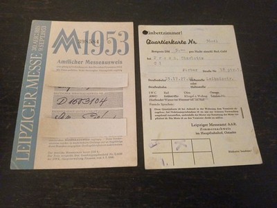 Amtlicher Messeausweis 1953 Leipziger Messe und Quartierkarte Einzelbettzimmer