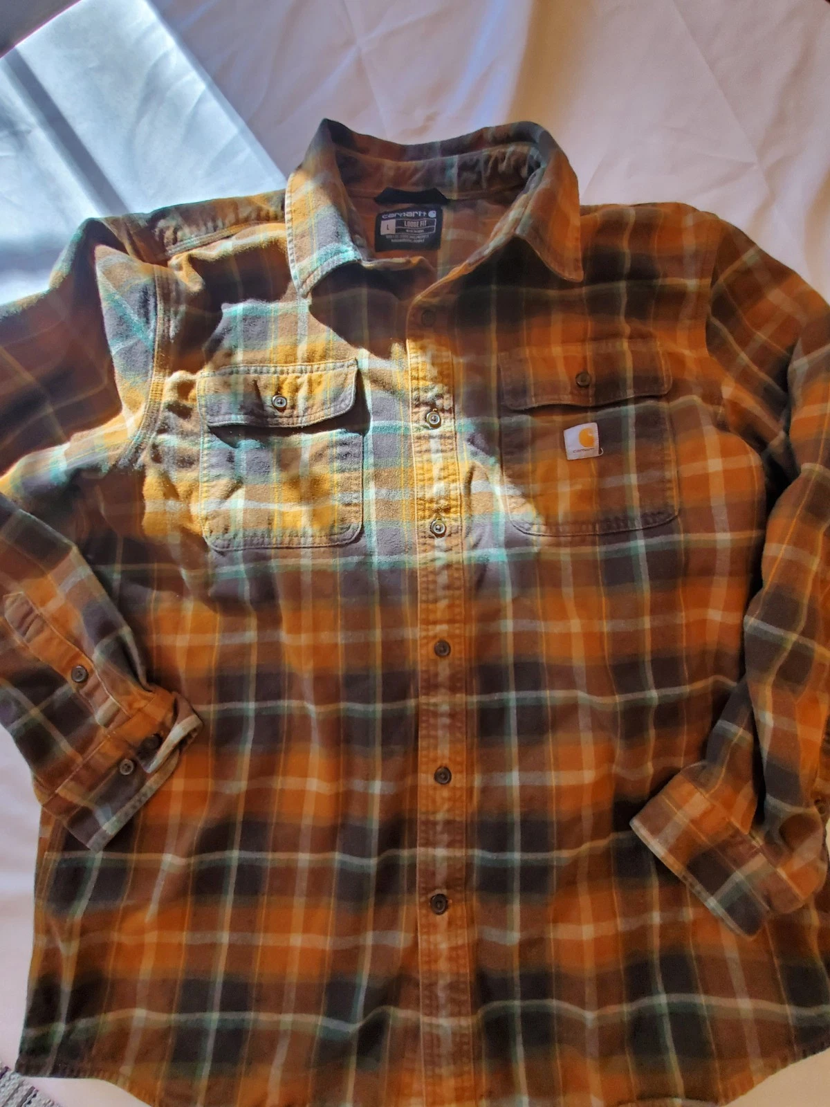 Carhartt Men's L Flannel Button Down Long Sleeve Orange/Tan Plaid Shirt B10