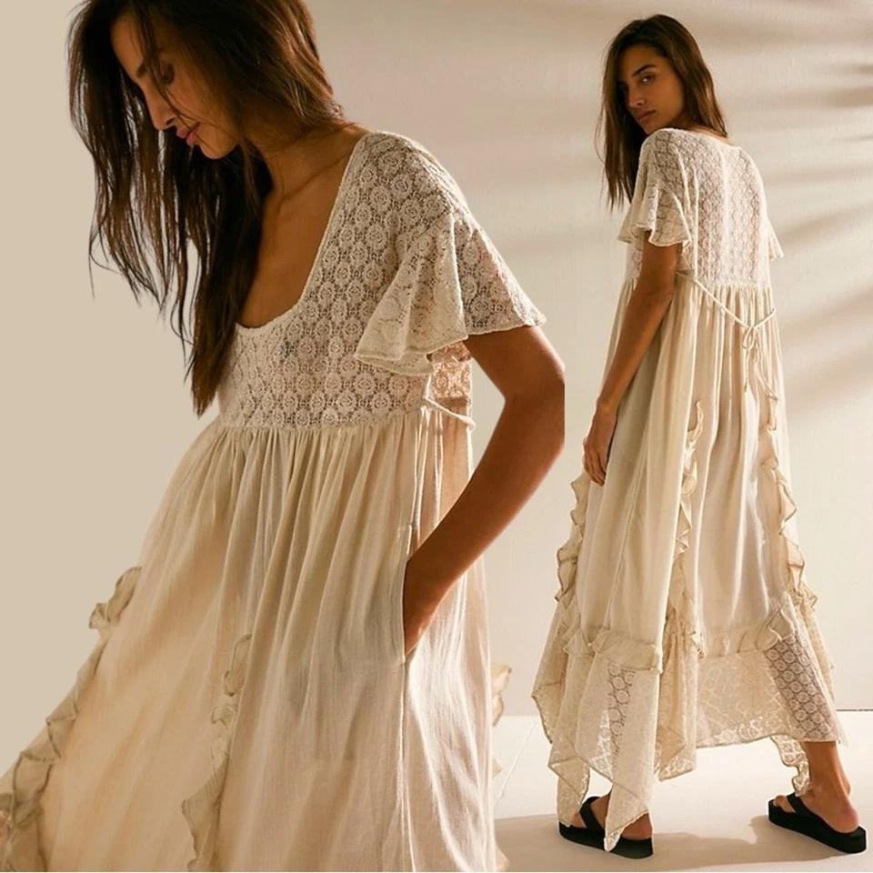 Free People Ethereal Bohemian Bring The Romance Midi Maxi Dress Neutral Large  - Image 3 of 4