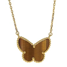 Van Cleef & Arpels Tiger'e Eye 18k Yellow Gold Lucky Alhambra Necklace 16.5"