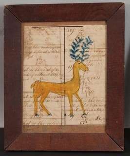 Antique 19c American Folk Art Pennsylvania Dutch Mennonite Deer Ledger Painting
