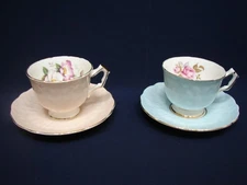 2 Aynsley Cups & Saucers Flower Petal Embossed - DOGWOOD Peach & PINK ROSE Blue