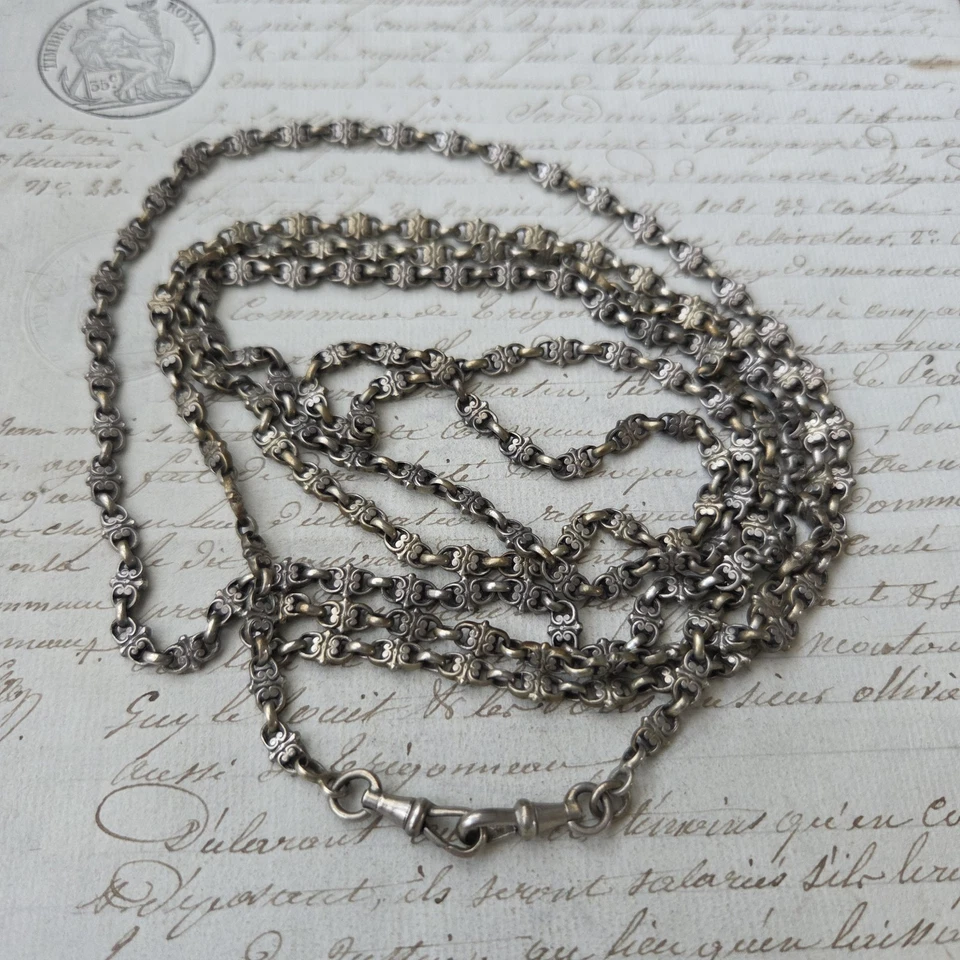 Sautoir Argent XIXè Ancien Long Collier 150 cm 19thC Chaine De Montre - Photo 4/4