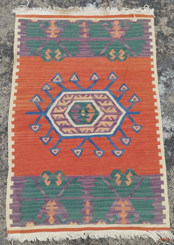 Vintage Traditional Oriental Turkish Multicolor Wool Kilim Rug Carpet 94x64 cm