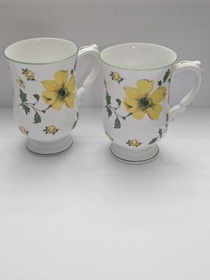 Royal Victoria Bone China Yellow Dogwood Footed Tea Cups/Coffee Mug Set Of 2