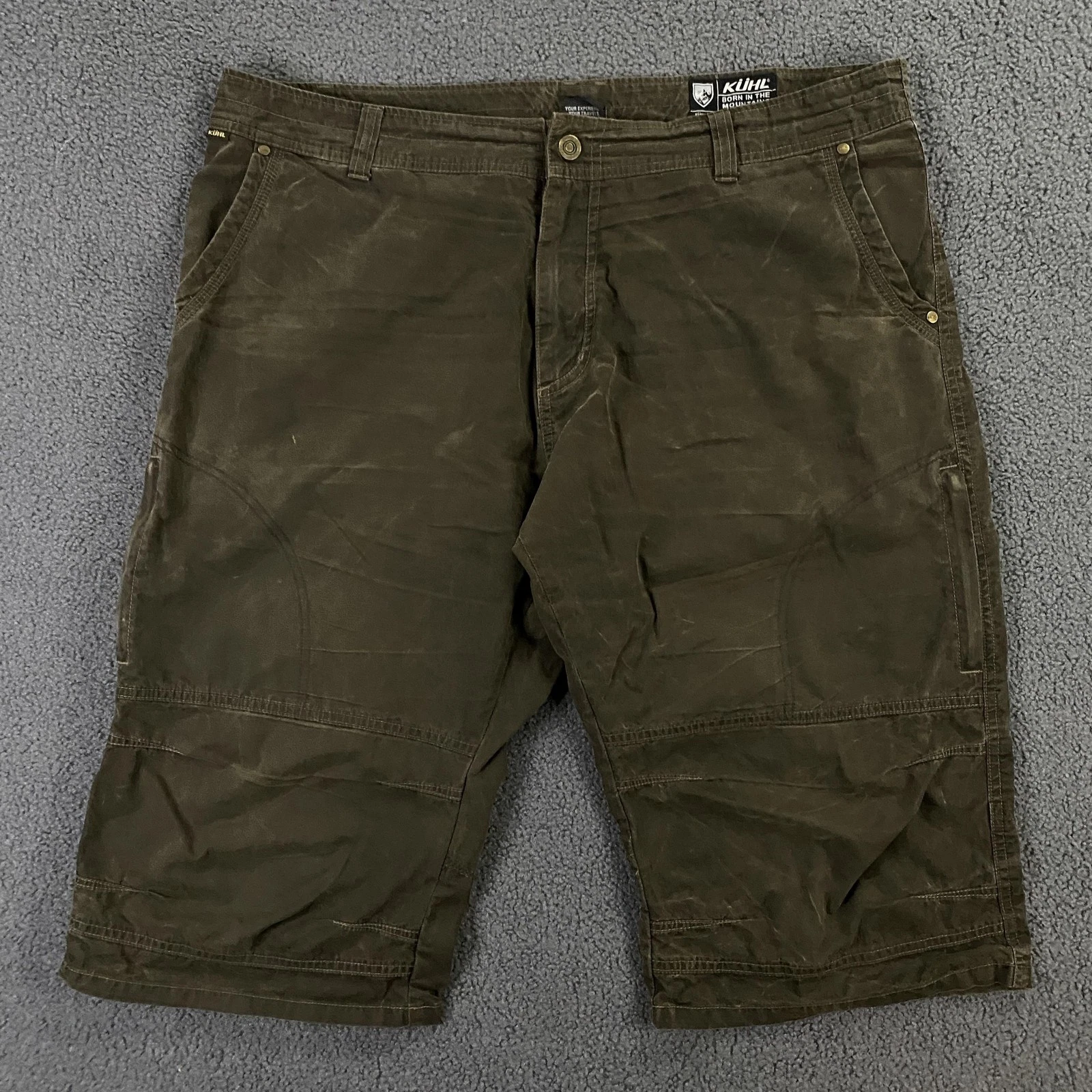 Kuhl Shorts Men 40 Brown Cargo Vintage Patina Dye Hiking Workwear Pockets Canvas