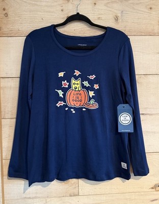 NEW Life Is Good Fall Pumpkin Dog Halloween Sleep Pajama Shirt Top Womens M Blue