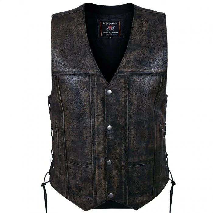 ARD Champs™ Men's Distressed Leather 10 Pockets Motorcycle Biker Vest