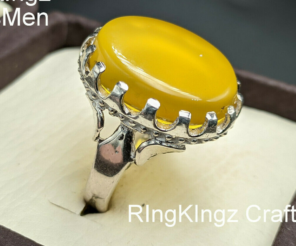 Yemeni Aqeeq Stone Ring for Men Yellow Agate Gemstone Size 9