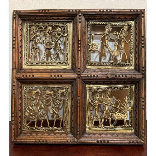 Decorazione da parete vintage arte popolare indiana orientale con 4 targhe in ottone fuso a mano 9 in x 9 in - Foto 10 di 10