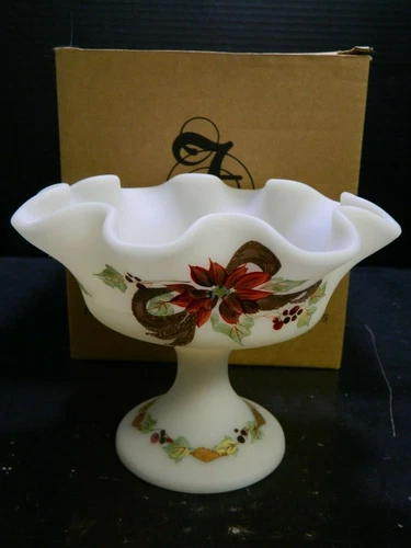 Fenton Signed Hand Painted Poinsettia Satin Glass Compote 5.75" x 7.63" Excellen