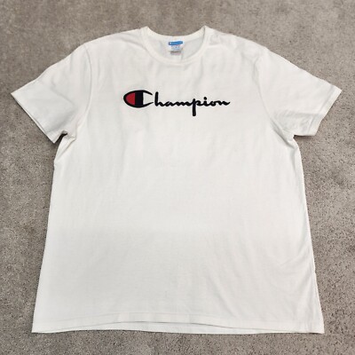 Champion Shirt Mens White Embroidered Spellout Script Logo Cotton 