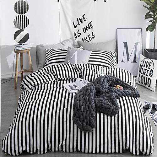 Striped Duvet Cover Sets Queen Cotton White Black Bedding Sets Full Farmhouse Be - Picture 1 of 7