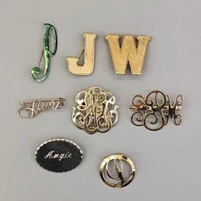 Initial Brooch Lot of 8 Vtg Monogram Etched Gold Tone Angie J W June Scarf Clip