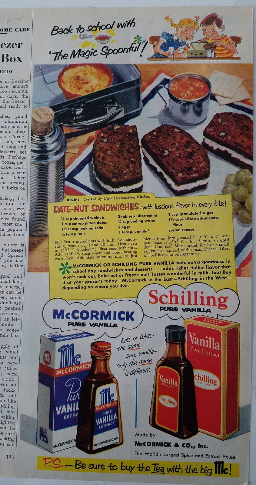 1951 McCormick Schilling pure vanilla extract date nut sandwiches