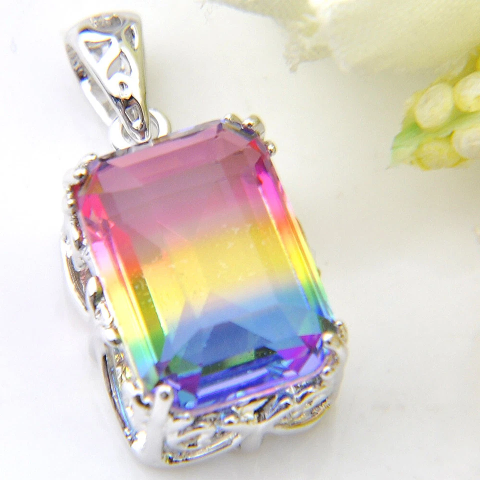 Romantic Rectangle Rainbow Mystic Fire Topaz Gemstone Silver Necklace Pendants - Image 2 of 4