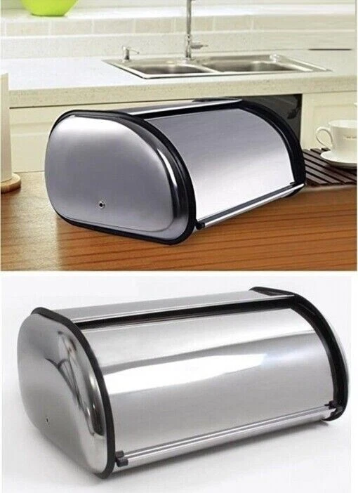 Portapane In Acciaio Inossidabile Con Coperchio Arrotolabile: Grande Capacità Per Piano Cucina, Colore Nero, 34x23x14.5 Cm