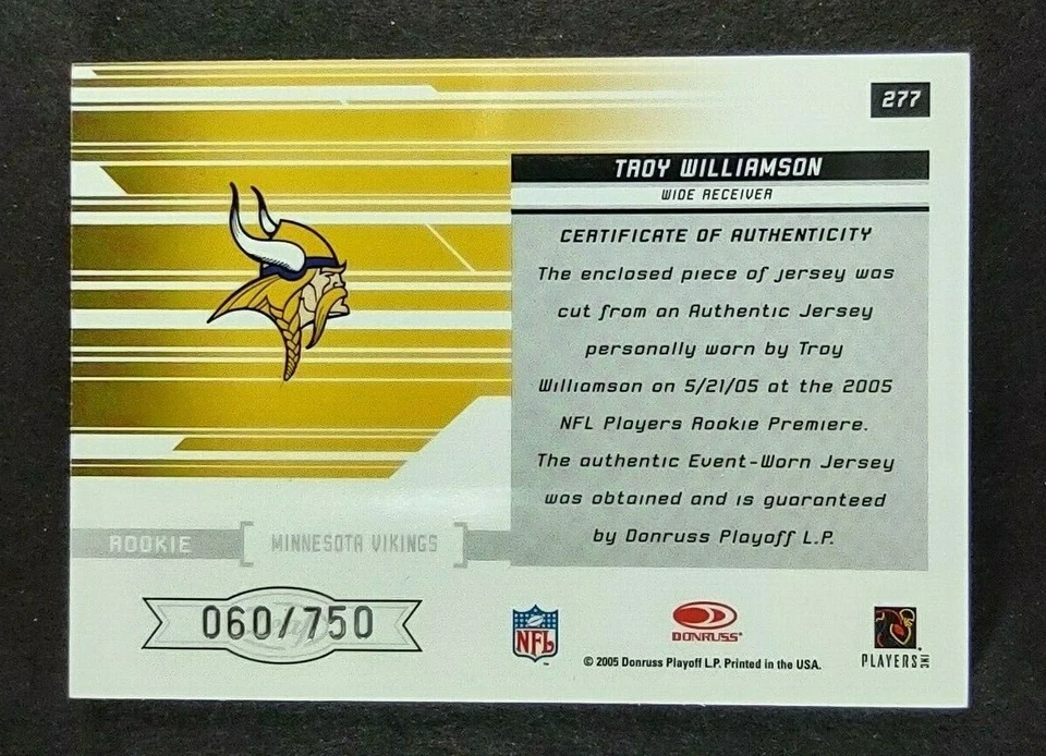 2005 Leaf Rookies & Stars Troy Williamson #277 Vikings Rookie Jersey RC 060/750  - Image 2 of 2