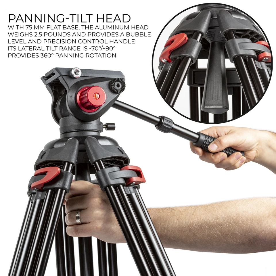 Portable Video Camera 72-inch 180cm 90 Degree Pivot Head Fluid Pan Tilt Tripod - Image 3 of 4