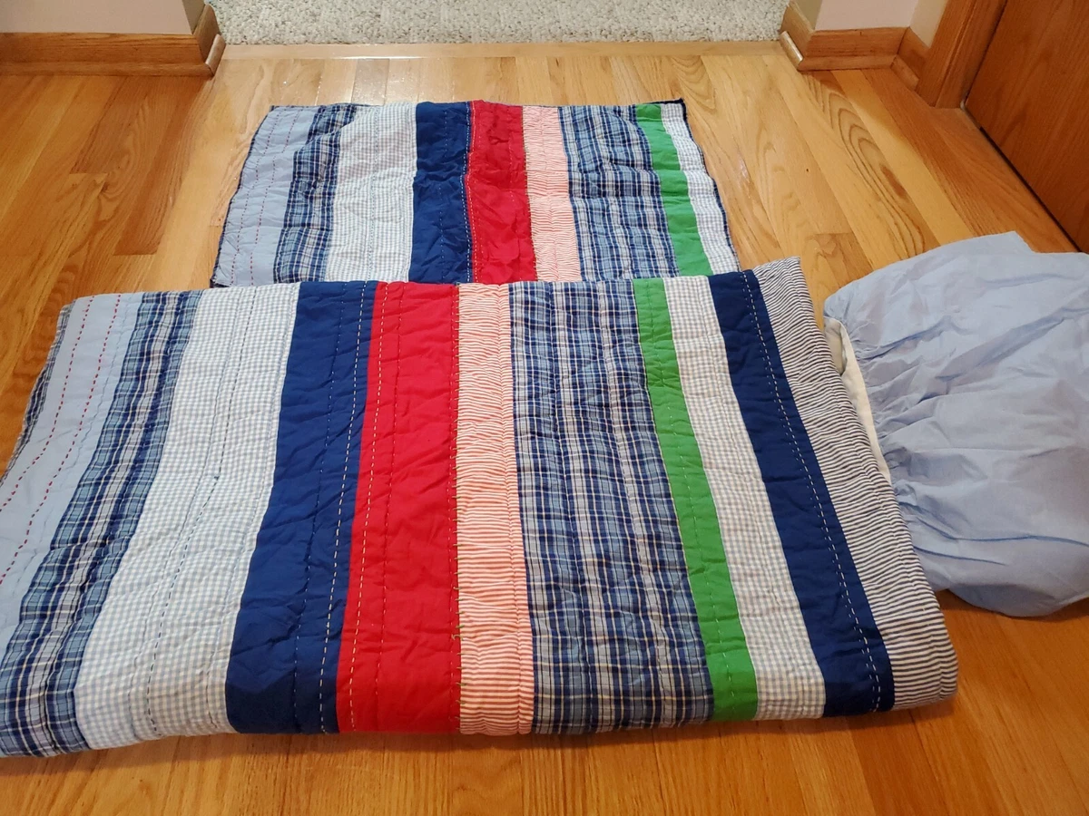 Pottery Barn Kids blue red green reversible plaid twin quilt sham bedskirt